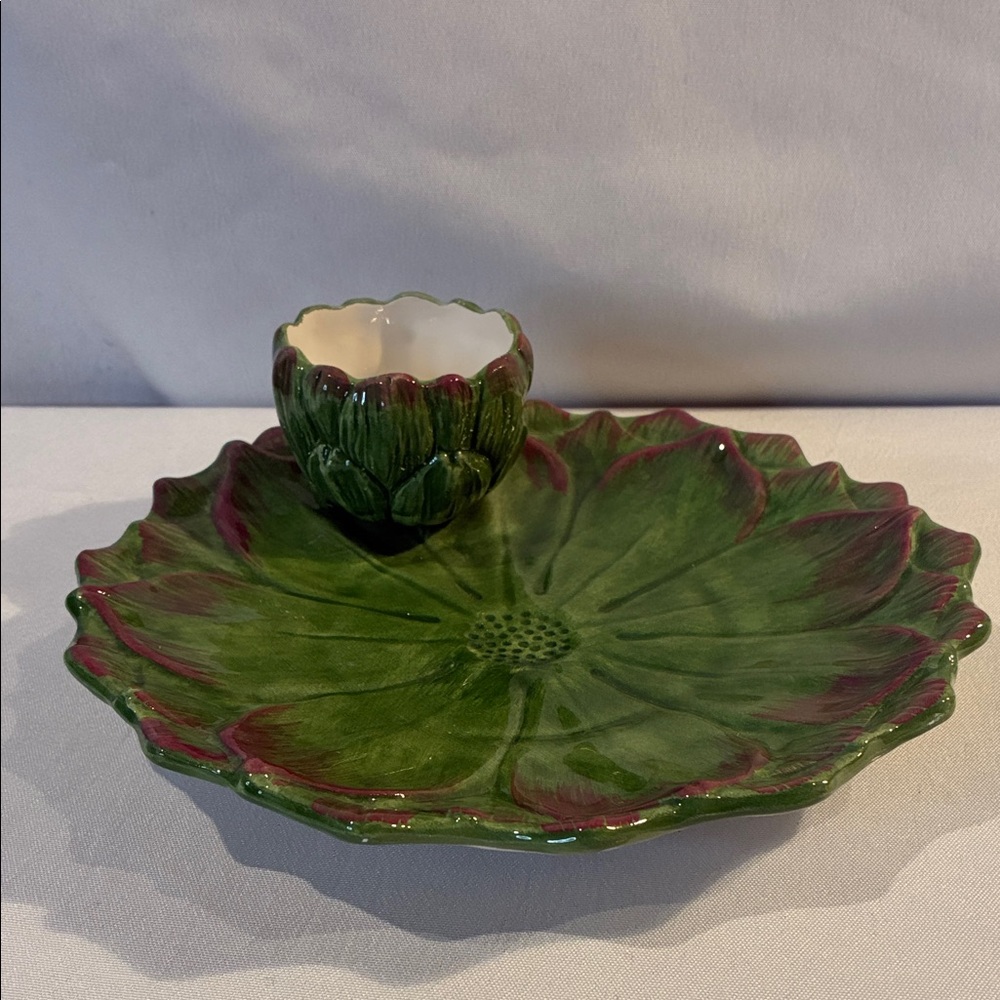 Vintage green Italian majolica artichoke plate and dip dish Sur la Table ceramic